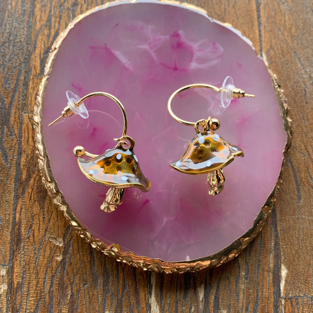 Brand New Gold  Brown Mushroom Earrings Gift For Girlfriend Gift For Daughter